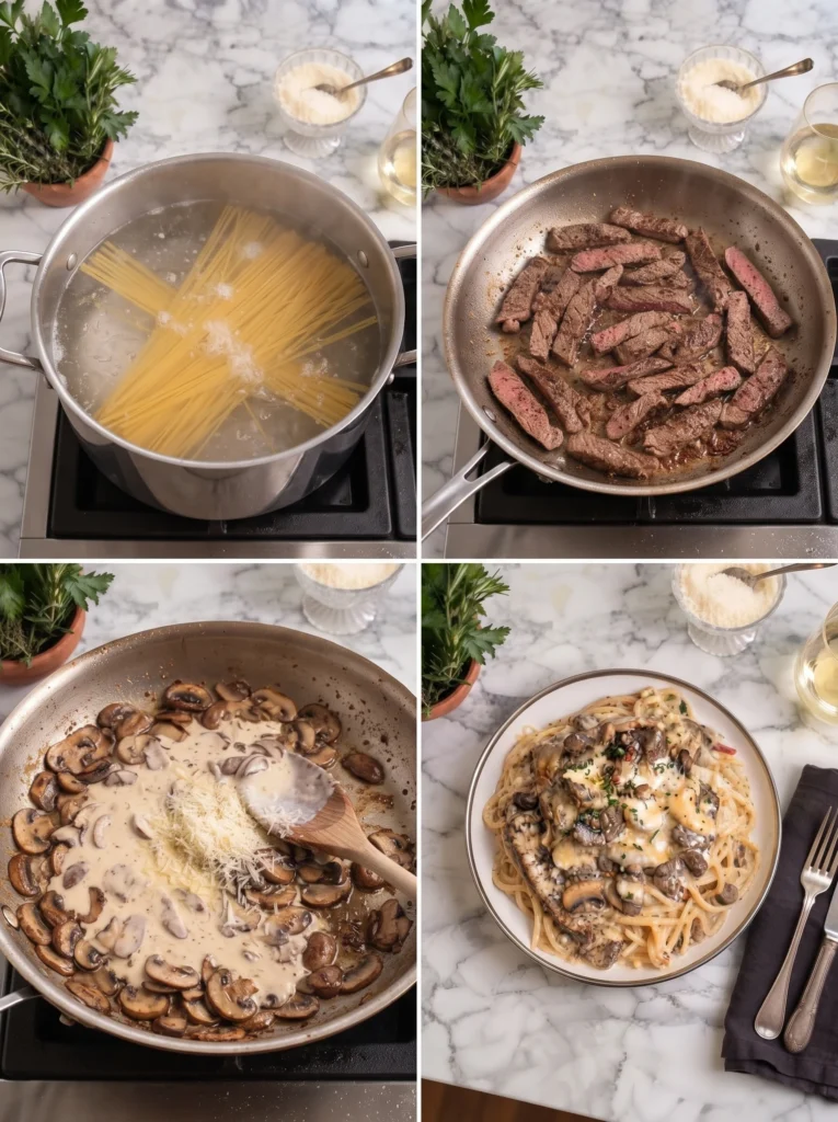 Steak Alfredo Spaghetti