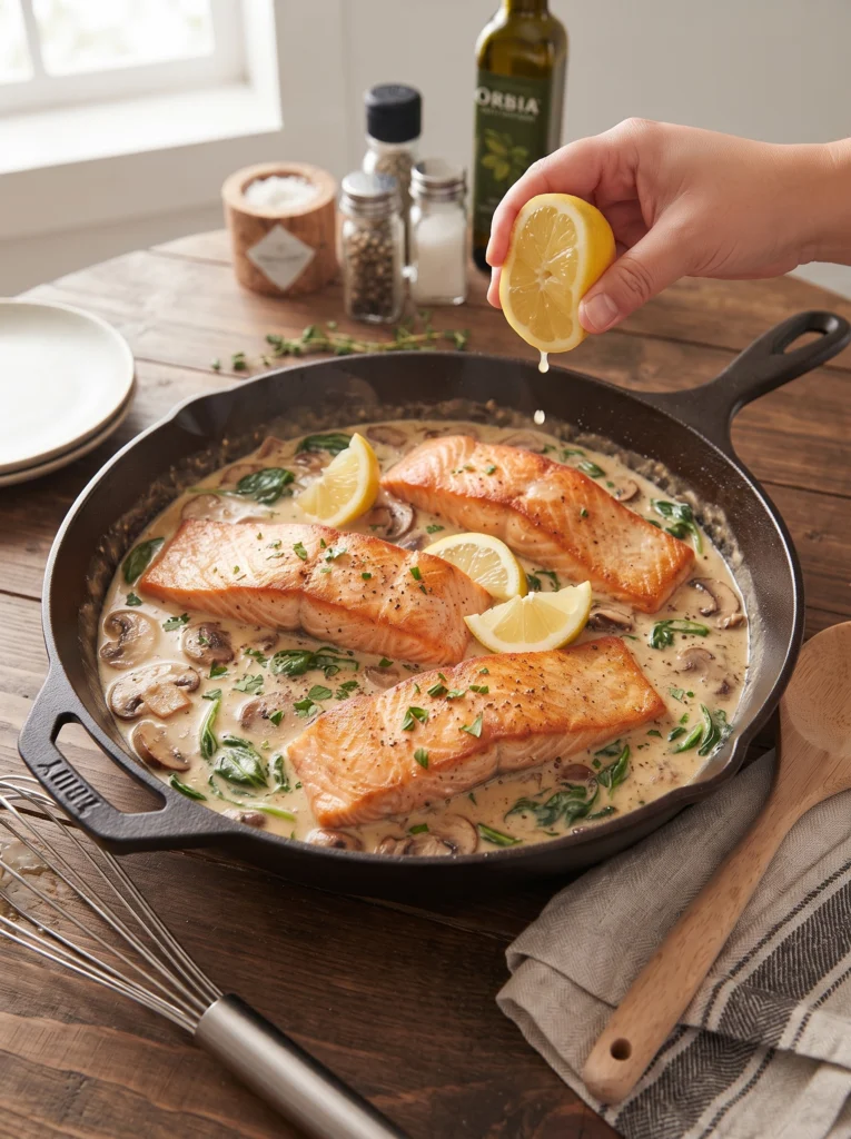 Creamy Garlic Salmon with Spinach & Mushrooms