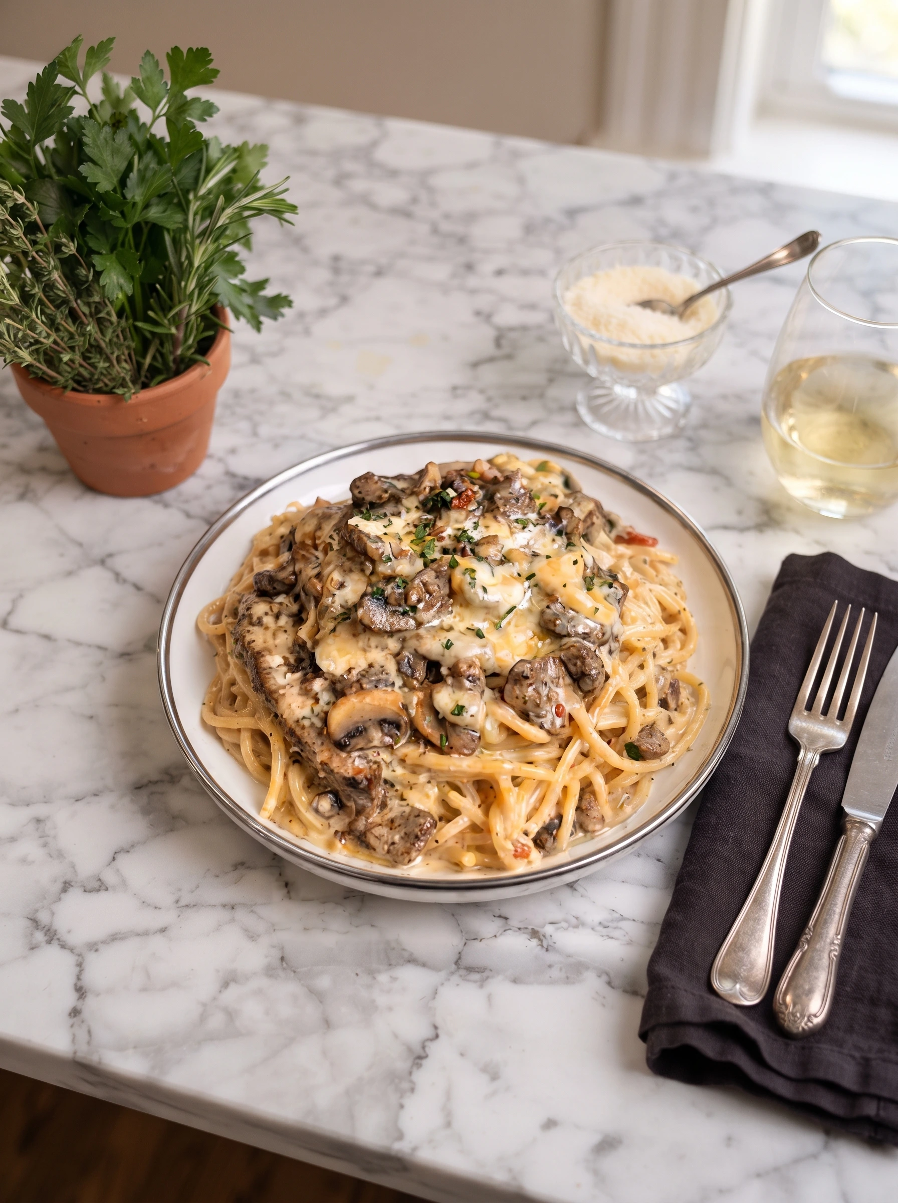 Steak Alfredo Spaghetti
